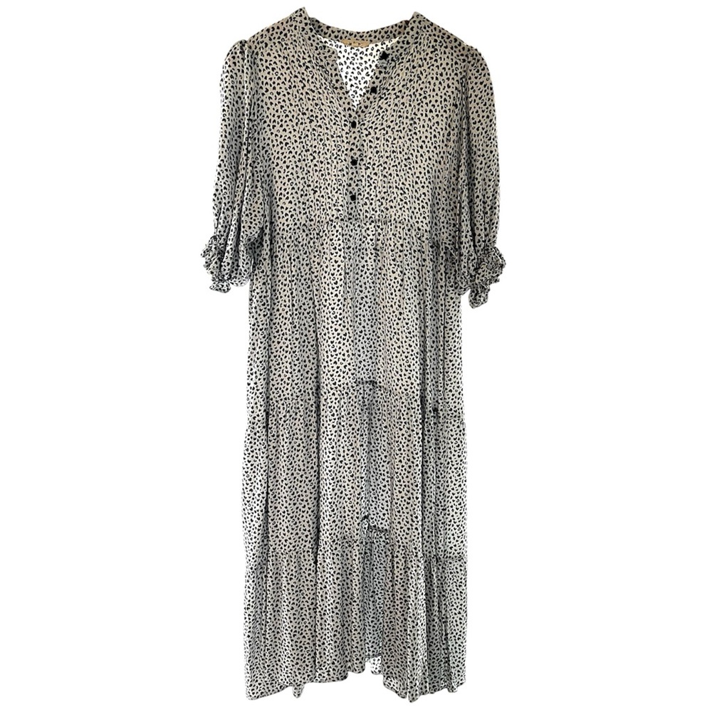 In Loom Tiered Maxi Cheetah Dress Size S Heart Smock Sleeve Prairie Cottagecore